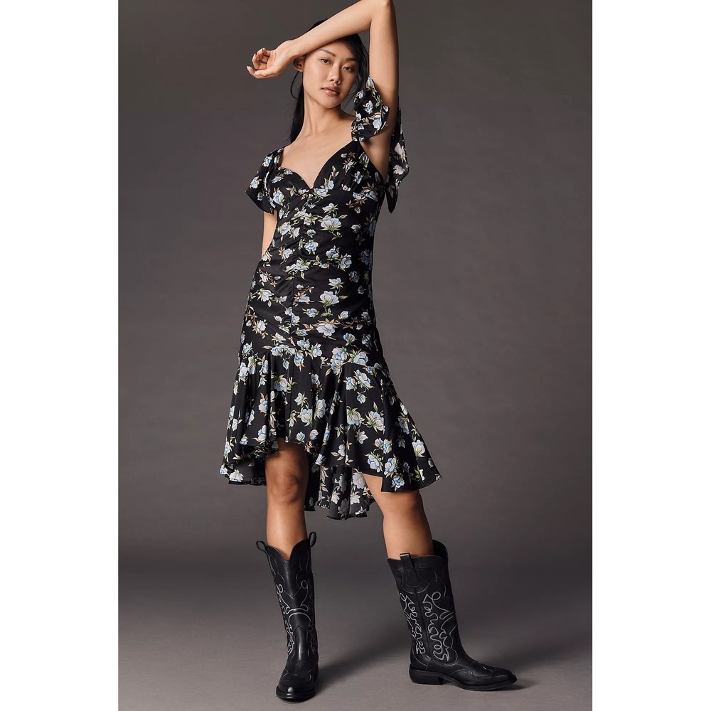 Anthropologie Black Floral Ruched Open Back Flutter Sleeve Midi Dress Size S